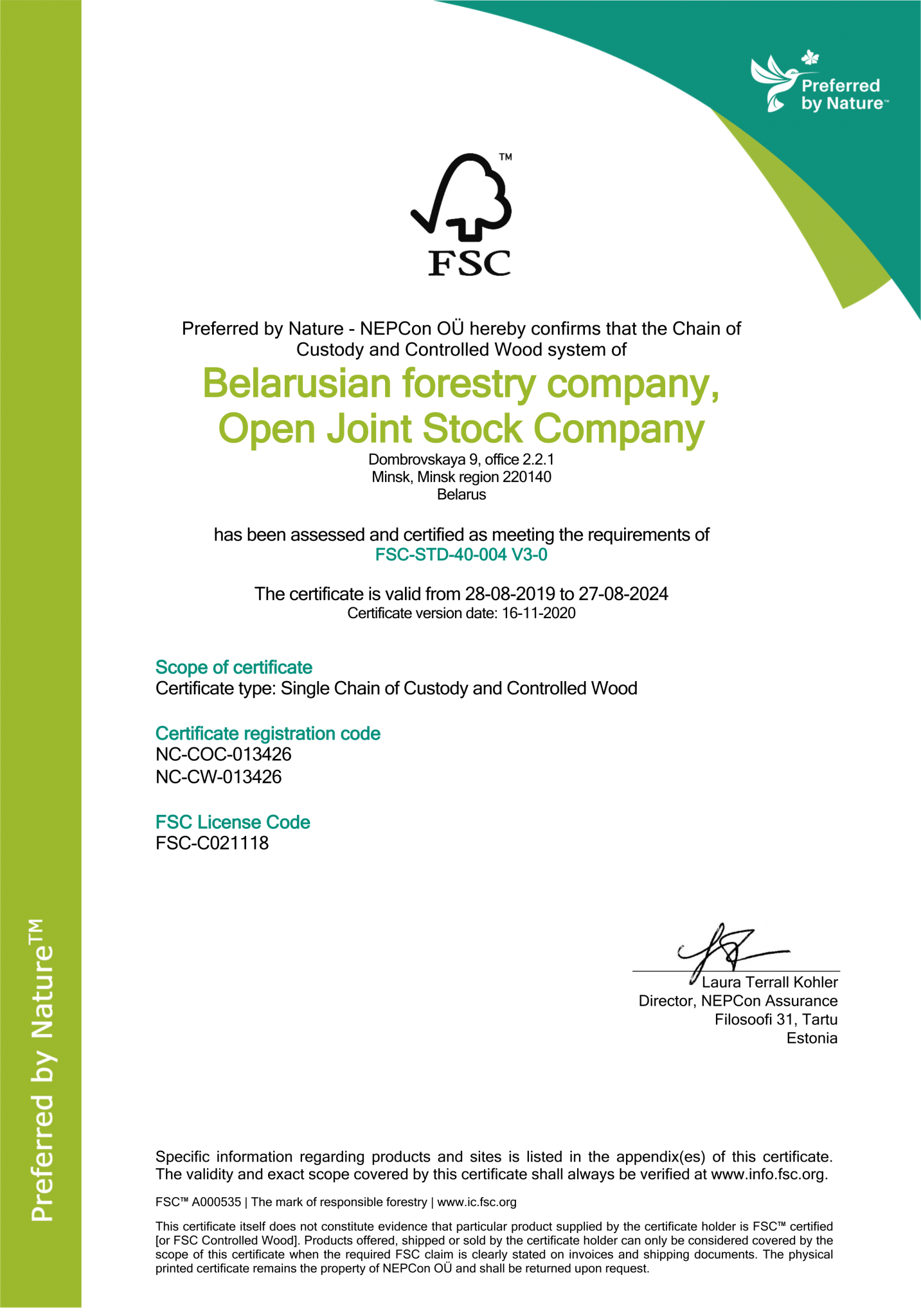Belarusian forestry company, Open Joint Stock Company FSC COC w_CW Certificate 16.11.2020